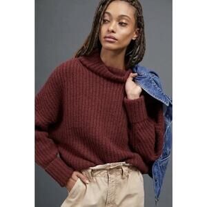 Anthropologie Maeve Women's Athena Chunky Knit Maroon Ribbed Wool Sweater - XS
